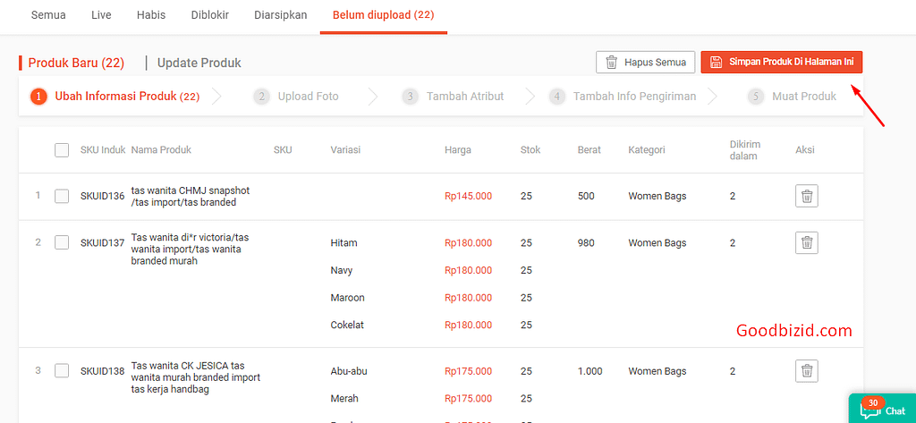 simpan produk hingga selesai upload di shopee