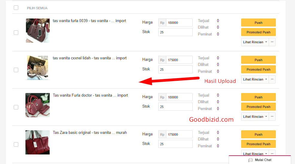 hasil upload masal di bukalapak
