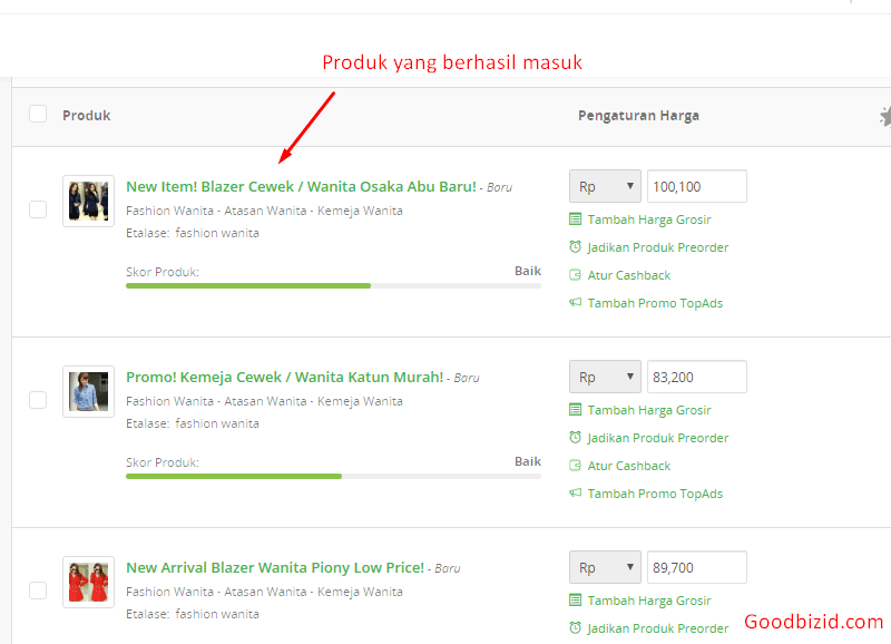 produk yang berhasil di upload ke tokopedia